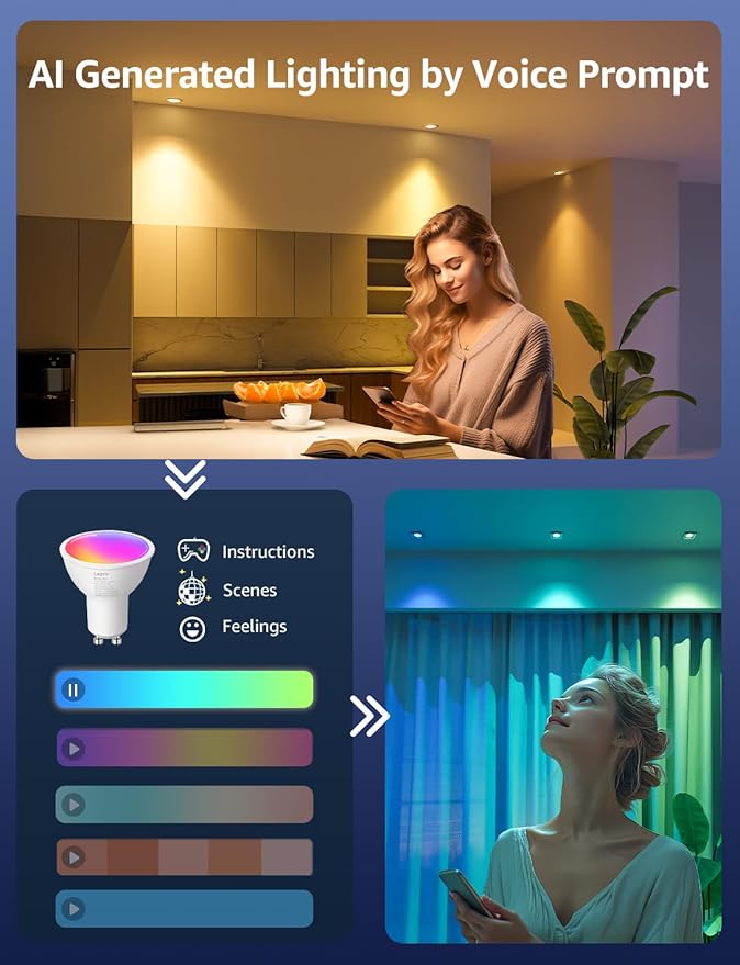 Lepro BG1 AI GU10 Smart Bulb - RGBCW Dimmable Color Changing LED Bulbs, Compatible with Alexa & Google Assistant, AI Voice Control via App(No Remote), AI Music Sync, 2.4G WiFi Only, 4 Pack