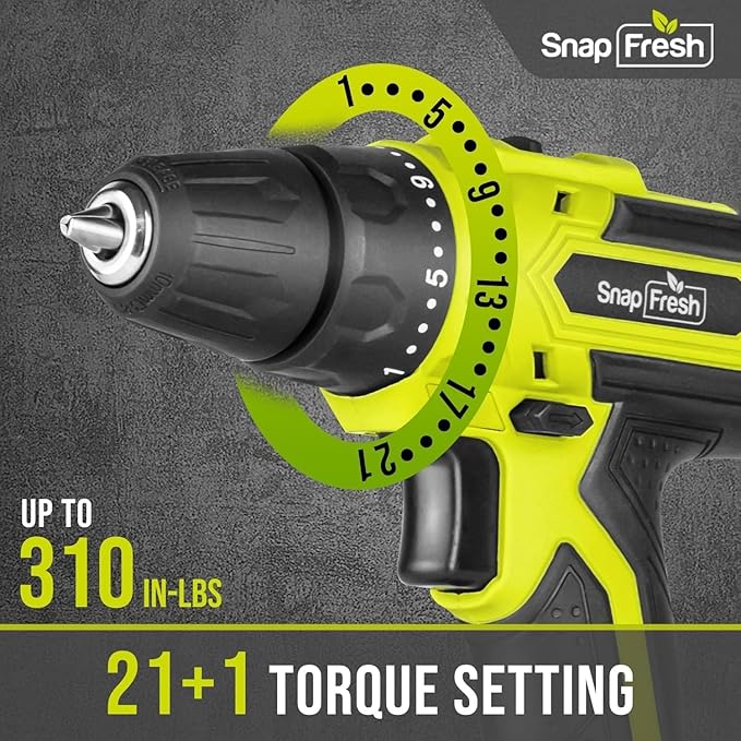 SnapFresh Cordless Drill, 20V Power Drill Set with 2 Variable Speed, 21+1 Torque Setting, Lightweight, LED, 43pcs Drill Bits, Impact Drill Set for Home, DIY (Battery & Charger Not Included)