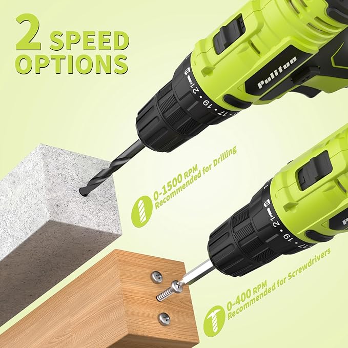 PULITUO'S 20V Cordless Drill/Driver, Electric Screwdriver - 2 Batteries, 30Nm, 21+1 Torque, 2 Speed, Keyless 3/8" Chase Drill with LED Light, Kit for Home (Green)