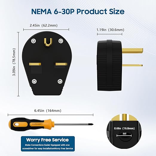 NEMA 6-30P Straight Blade Angle Plug, AC Dryer Replacement Male Angle Plug,3-Prong Grounding Heavy Duty Universal Power Male Connector for Dryers and Ranges,30 Amp,250Volt -with 1 Screwdriver
