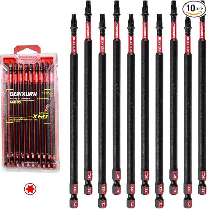 10Pieces 6 In. T20 Impact Tough Magnetic Screwdriver Bit Set, #20 Torx Head Power Bits, S2 Alloy Steel Star Bits with Storage M-Box