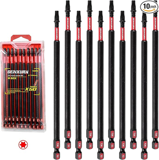 10Pieces 6 In. T20 Impact Tough Magnetic Screwdriver Bit Set, #20 Torx Head Power Bits, S2 Alloy Steel Star Bits with Storage M-Box