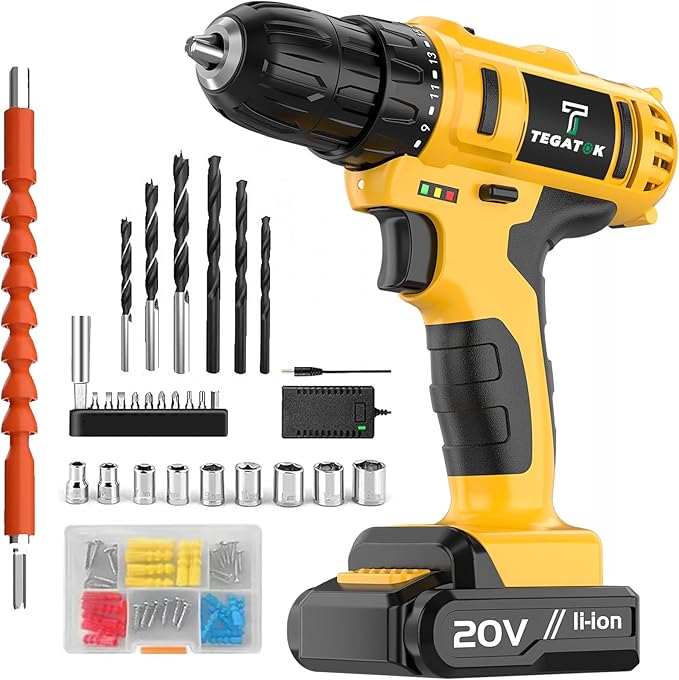 Cordless Drill Set, 3/8 Drill Handheld Screwdriver Kit with 18+1 Torque Setting, 20V Electric Drills Tools Bit, LED Electric Power Drills with Battery and Charger, Yellow