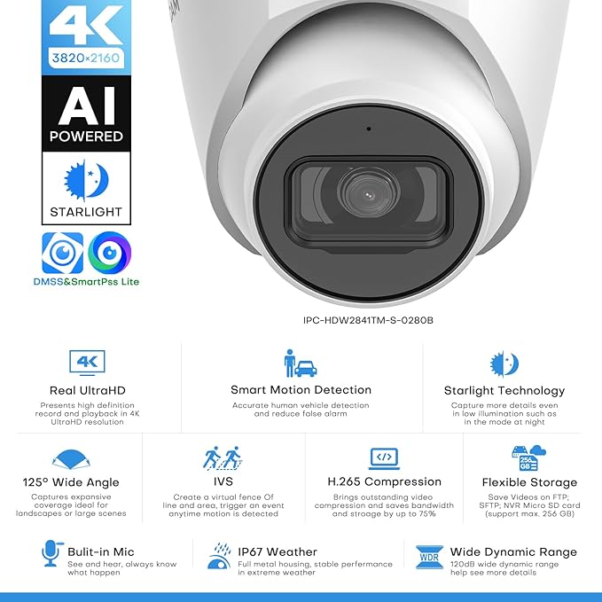 8MP IP Camera, DMSS/SmartPSS Lite, 4K PoE Turret Outdoor Starlight Camera with Mic Audio, Human/Vehicle Detection, IVS, Intrusion Tripwire Alarm, 2.8mm 125°Wide Angle, Metal IP67, H265+, 256GB
