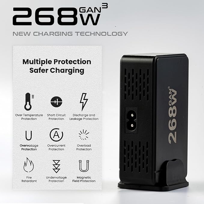 268W GaN USB Type C Charger 8 Ports Fast Charging Station PD QC4.0, USB C Laptop Charger Compatible with MacBook Pro/Air, iPads, Samsung Galaxy Note, iPhone 16/15/14/13/12 Mini/Pro/Pro Max
