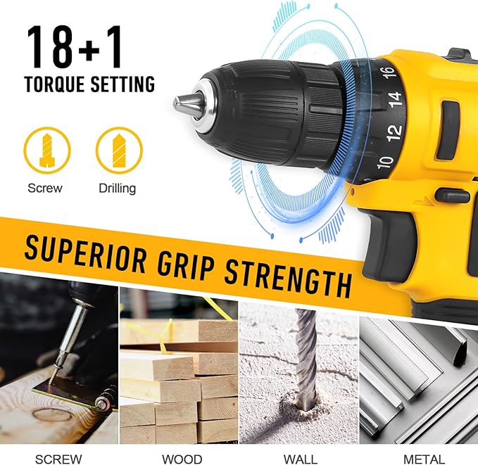 KREBS 20V Cordless Drill Electric Power Drill Set 3/8” Keyless Chuck 265 in-lbs Torque 18+1 Position Drill Driver Kit LED Light 88pcs Accessories for Furniture Assembly, DIY Project, Home Improvement.
