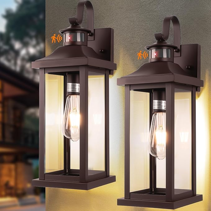 Dusk to Dawn Motion Sensor Outdoor Lights Oil Rubbed Bronze 2-Pack, 18 Inch Large Outdoor Light Fixtures Brown Exterior Lights Photocell IP65 Waterproof Outside Lanterns for House Vintage