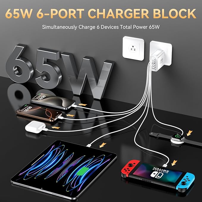 USB C Fast Charging Block, 65W USBC Multi Port Charger Blocks 6-Ports PD & QC Charging Cube Brick Power Adapter Type C Wall Chargers for iPhone 16/15/14/13/12/Pro Max, iPad Pro/Air, Samsung Galaxy S25