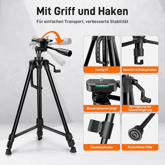 360° Laser Level with Tripod 5 Lines Laser Level 2 Plumb Dots Self Leveling Green Line Laser Level Tool for Construction, Floor Tile Included Target Plate, Battery, Carry Bag, Black + Orange