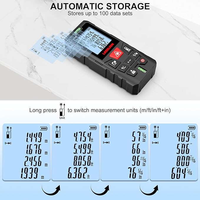 LT50 Laser Distance Meter – 50m (165ft) Range, High Accuracy, Multiple Measurement Modes, Built-in Level Bubble, and Mute Function Handle Laser Distance Measurement Tool