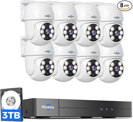 Hiseeu 3K Outdoor Wired Security Camera System with 8CH 5MP DVR,8 x 5MP IP67 PTZ CCTV Cameras,360°Coverage,Smart Dual Light & Audio,Person/Vehicle Detection,3TB HDD,100ft Night Vision,24/7 Recording
