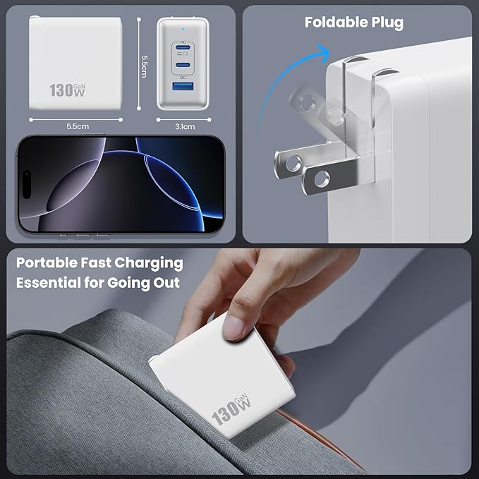 130W USB C Charger Block,3-Port GaN Fast Charger,Compact Foldable Type C Fast Charging Wall Charger,PD QC 65W USB C Laptop Charger for MacBook Pro/Air,iPad Pro,iPhone16/15,Galaxy Series etc(White)