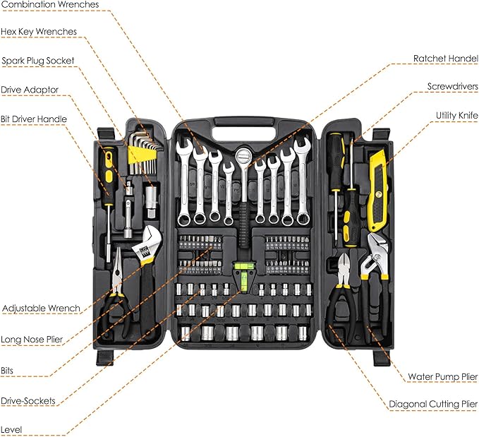 TLGREEN 95 Piece Tool Set, Tool Kit, Mechanics Tool Set, Portable Toolbox with Adjustable Wrench Pliers Socket Bits, with Plastic Toolbox Storage Case, for House Apartment Garage (Yellow)