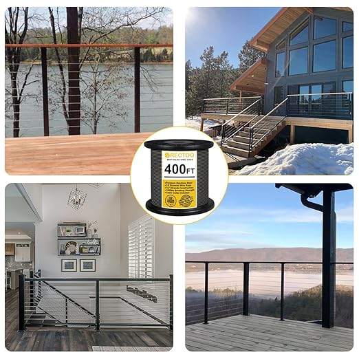 Black 400FT 1/8" T316 Stainless Steel Cable with Cutter, 7x7 Strands Aircraft Wire Rope for Deck Railing, Stair Handrail, Porch Fence, High Strength for Indoor and Outdoor Use