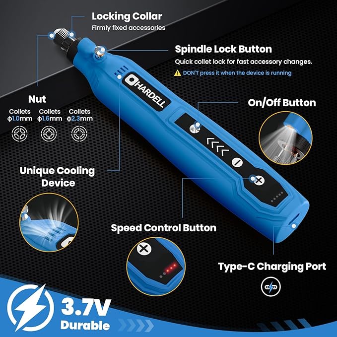 HARDELL Cordless Rotary Tool, 5 Variable Speed Mini Rotary Tool Kit with 69 Accessories, 3.7V Type-C Charging Power Rotary Tool for Engraving, Sanding, Polishing, Carving, Cutting, DIY Crafts