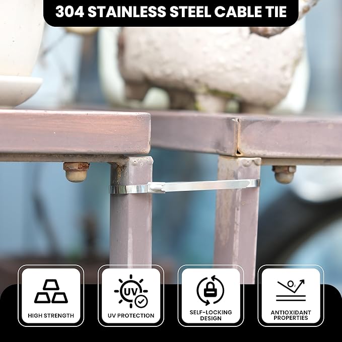 100 PCS 11.8 Inch Stainless Steel Metal Zip Ties – Heavy Duty Outdoor Cable Ties with Self-Locking Design for Machinery, Vehicles, Farms, Pipes, Roofs, Cables