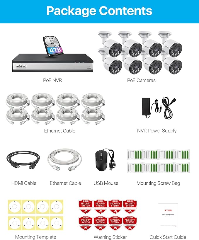 ZOSI 4K 16CH PoE Security Camera System with Audio, Night Vision, Smart Human Detection, Motion Alerts, 8pcs Outdoor Indoor PoE Wired Cameras, 16 Channel 4K 8MP NVR with 4TB HDD for 24/7 Recording