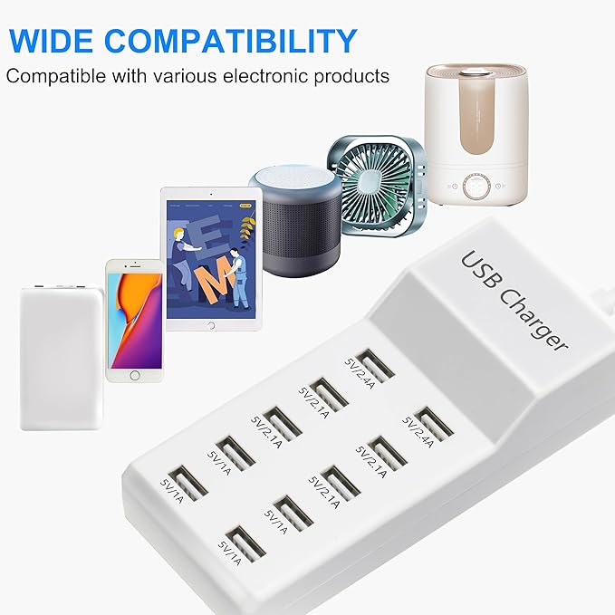 White 10-Port USB Charging Station for Phones, Tablets, Smartphones and Watch - 10 USB-A Ports