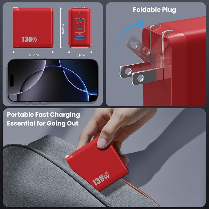 130W USB C Charger Block,3-Port GaN Fast Charger,Compact Foldable Type C Fast Charging Wall Charger,PD QC 65W USB C Laptop Charger for MacBook Pro/Air,iPad Pro,iPhone16/15,Galaxy Series etc(Red)