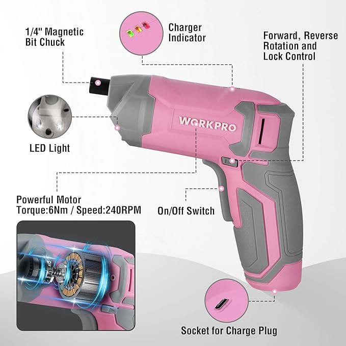 WORKPRO Pink Cordless Screwdriver Set, 3.6V Electric Rechargeable Eccentric Power Screwdriver Kit with 24Pcs Bits, Delay-off LED Light, 2000mAh High-Capacity Battery, Carrying Case Included