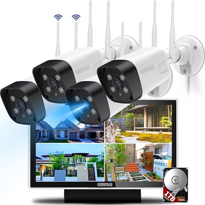 《Dual Antennas & All-in-One Monitor》Wireless Security Camera System Outdoor, WiFi Cameras with 10.1inch Monitor for Home Video Surveillance Systems, Surveillance DVR Kits