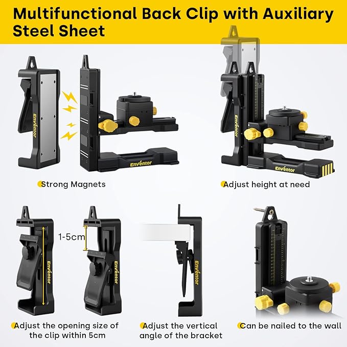 ENVENTOR Fine-tuning Bracket Laser Level Adapter, 1/4"-20 Male Threaded L-Shape Magnetic Pivoting Base with Adjustable Clip for Wall & Ceiling Mounted, 360° Adjustable Support, Height Adjustment