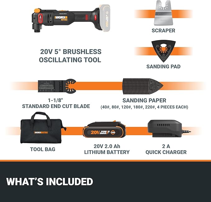 Worx Nitro 20V Cordless Oscillating Multi Tool with 5° Oscillation Angle, VibraFree Technology, Slim-body Design, 2.0 Ah Battery and Charger Included, 23 Pieces Accessories with Carrying Bag, WX698L