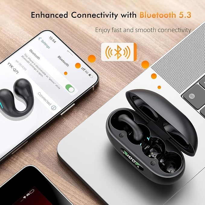 Clip On Earbuds, Wireless Bluetooth 5.3 Lightweight Comfort Bone Conduction Open Ear Headphones with LED Digital Display Charging Case Sport Built-in Mic IPX7 Waterproof for Running Fitness, Black