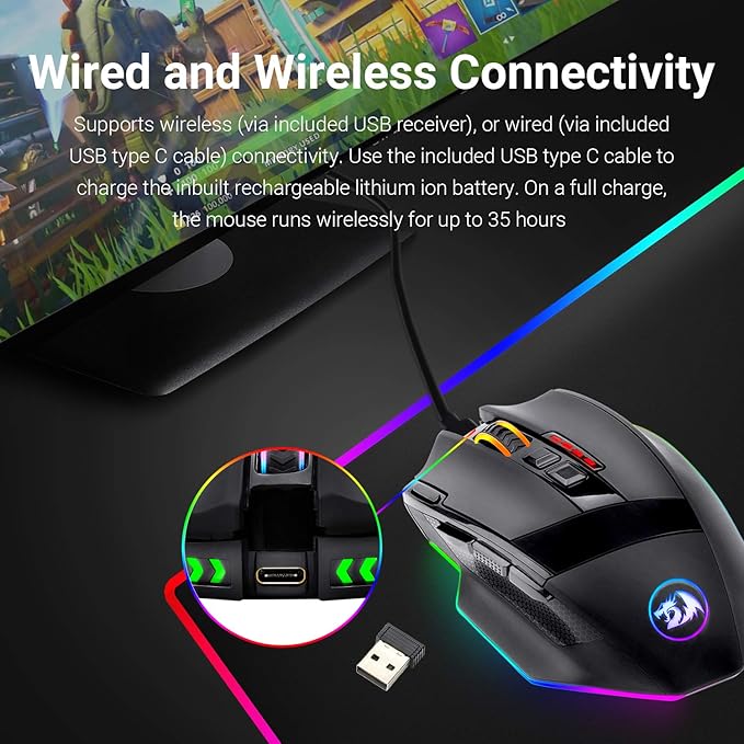 Redragon M801 Wireless Gaming Mouse, RGB Gaming Mouse with MMO 9 Programmable Macro Editing Buttons, UP 16000 Adjustable DPI, Rapid Fire Button for Game, Windows,PC - Wireless, Black