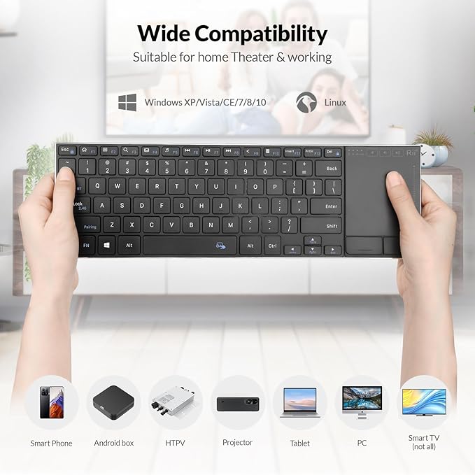 Rii 2.4G Wireless Keyboard,Bluetooth Keyboard(BT 5.1+2.4G),Aluminium Alloy Portable with Touchpad for Computer,PC,Tablet,iPad,Android TV Box,Smart TV,Windows,Mac (Black)