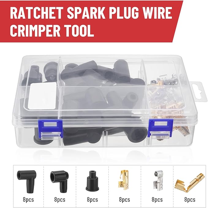 Ratchet Spark Plug Wire Crimping Tool Kit, 180 Degree/90 Degree/Straight Spark Plug Coil Terminals & 24PCS Boots, Ratcheting Wire Crimper Diameter 8.5-8mm (With Spark Plug Wires)