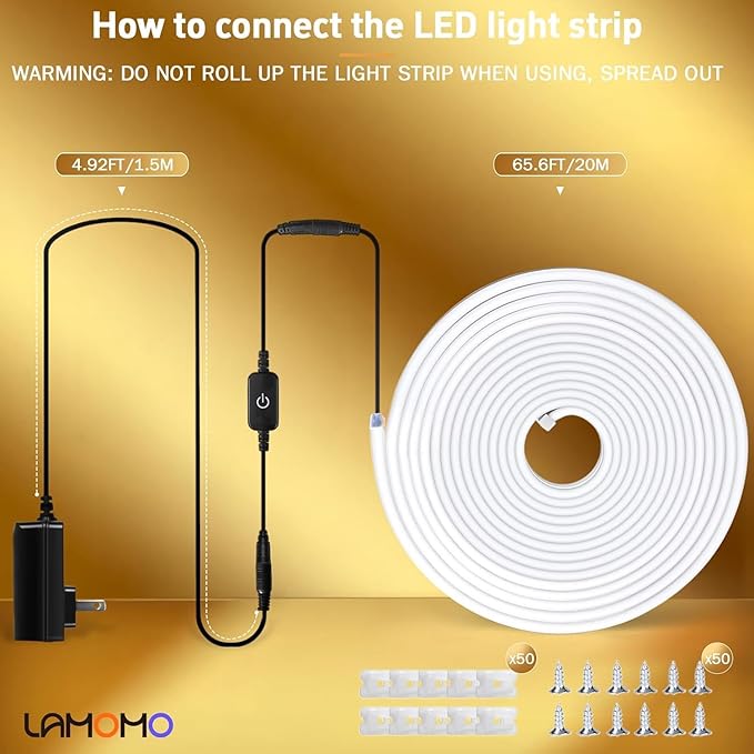 Lamomo LED Neon Lights, 24V Warm White Dimmable LED Rope Lights, 65.6ft Waterproof Flexible LED Strip Lights, Silicone 3000K Neon LED Strip for Bedroom Indoor Outdoor Decor