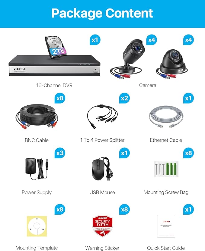 ZOSI 16CH 3K Lite Home Security Camera System,AI Human/Vehicle Detection,Night Vision,Remote Access,8pcs 1080p Outdoor Surveillance Cameras,16 Channel 1080P CCTV DVR with 2TB HDD for 24/7 Recording