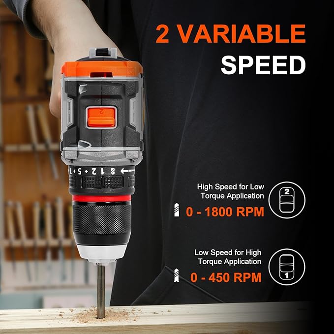 COMOWARE 20V Cordless Drill, Brushless Power Drill Set with 1.5Ah Li-ion Battery & Fast Charger, 23+1 Clutch 1/2" Keyless Chuck Max 38 N.m, Dual Speed Electric Drill Driver Accessories