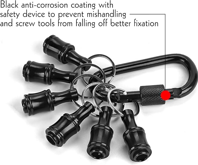 LUEXBOX 1/4 Inch Bit Holder Keychain, Hex Screwdriver Bits Holder Extension Bar, Quick Change Screw Bit Holder for Most Electric, Hand-held Screwdrivers and Drill Bits (A: Black 6pack)