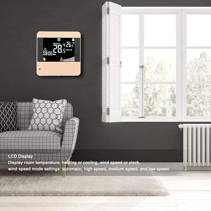 Digital Fan Coil Thermostat for Central AC - Smart Programmable Temperature Controller with LCD Display (5-35°C Range) - 4 Speed Modes, Universal for HVAC Systems (AC200-240V)