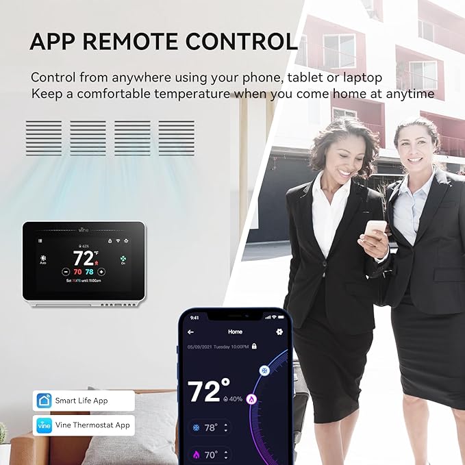 vine Programmable Thermostat for House with 4.3" Touch Screen, WiFi Smart Home Thermostat for AC and Heating, App/Voice Control, Compatible with Alexa and Google Assistant, C-Wire Required, TJ-919T