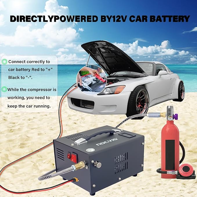 Pcp air compressor 4500PSI Portable PCP Compressor, 12V DC/110V AC PCP Airgun Compressor Manual-stop, w/External Power Adapter, Built-in Fan, Suitable for Paintball, Air Rifle, Scuba Bottle