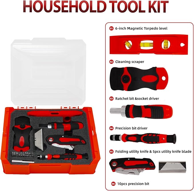 81pcs 3-layer Household Tool Set with 3.7V Cordless Screwdriver with Bits and Basic Home Hand Tools for Garden Office House Repair