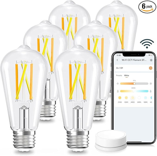 Linkind Smart Edison Bulbs, 2700K-6500K Tunable WiFi Edison Bulbs with Remote Control, 8W 60W Equivalent Dimmable ST19(ST58) Vintage Light Bulbs 800lm, Compatible with Alexa & Google Home, 6-Pack