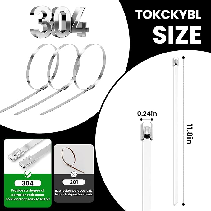 100 PCS 11.8 Inch Stainless Steel Metal Zip Ties – Heavy Duty Outdoor Cable Ties with Self-Locking Design for Machinery, Vehicles, Farms, Pipes, Roofs, Cables