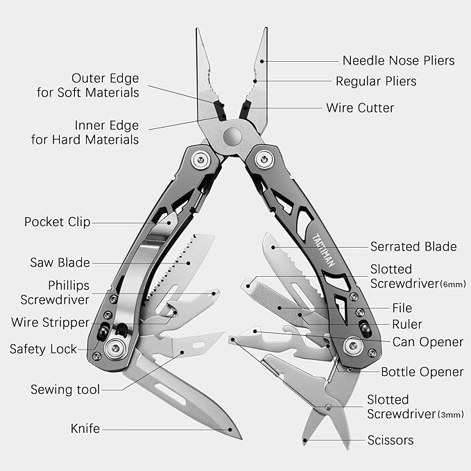 15-in-1 Multi Tool Pocket Knife, Tactical Multitool Knife Pliers, Camping Survival Gear with Knife Saw Scissors Serrated Blade Bottle Can Opener Screwdrivers Safety Lock, Unique Gifts for Men