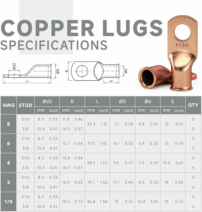 iCrimp Battery Cable Lug Crimping Tool Kit For Copper Lugs Awg 8-1/0,Battery Cable Crimper with Stripper 90pcs Copper Battery Lugs/Heat Shrink Tubes