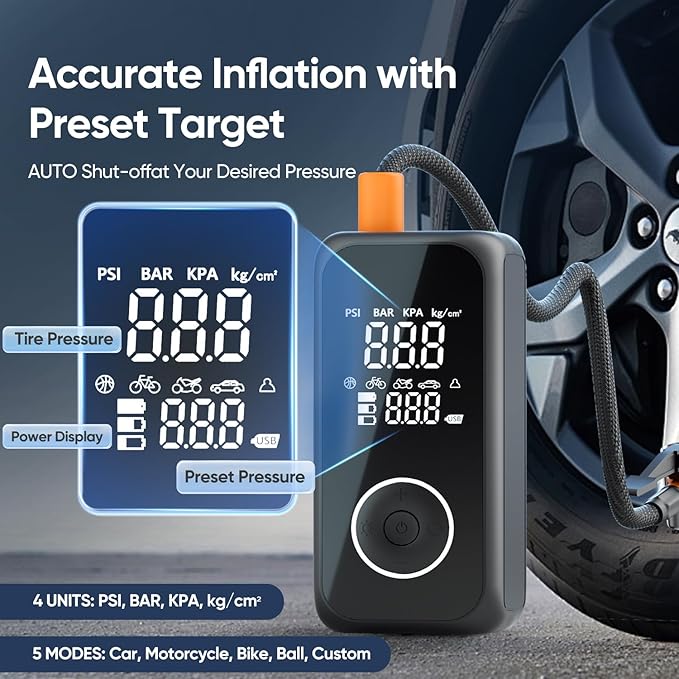 Cordless Tire Inflator Portable Air Compressor, Mini Portable Air Pump with Rechargeable Battery, Tire Pressure Gauge, 150PSI with Auto Shut-off, Smart Air Pump for Car, Motorcycle, Bike, Ball(White)