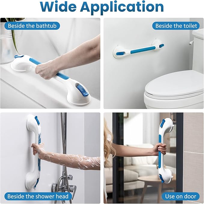 LEVERLOC Grab Bar for Seniors, 17 Inch 2 Pack Suction Grab Bars for Bathtubs and Showers, Shower Handles for Elderly Suction Bathroom Safety Grip,Removable Drill Free Waterproof, Blue