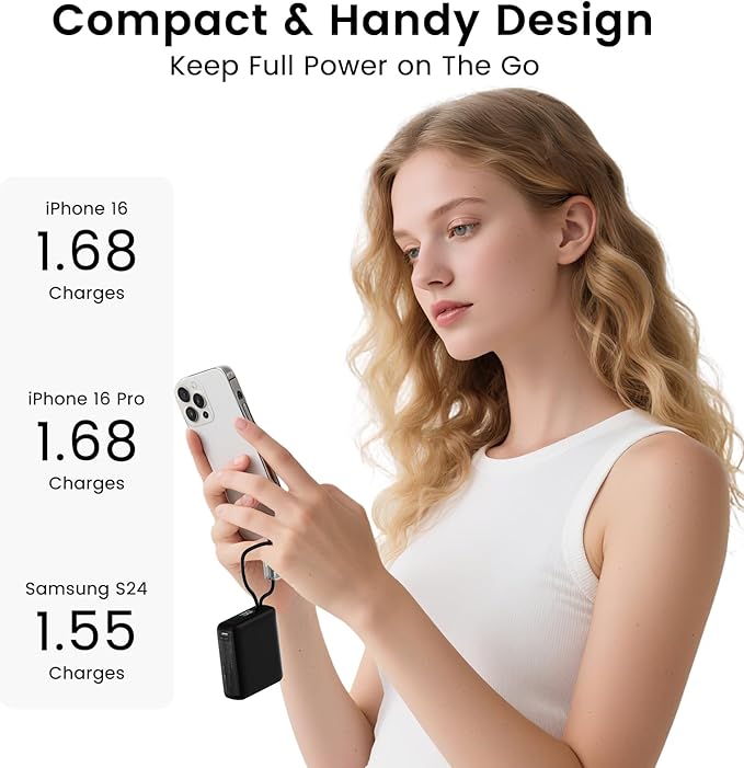 LUCKYDUO Small Portable Charger, Fast charging 22.5W Slim Power Bank 10000mAh with Built-in Cables, LED Display USB-C Mini Battery Pack Travel Essential, Compatible with iPhone, Samsung,Android, White