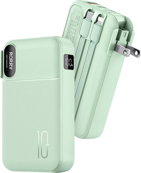 RORRY Portable Charger Built in Cables, AC Wall Plug In Portable Charger Power Bank 10000mAh Travel Battery Pack 22.5W Fast Charging for iPhone 16/15/14 Samsung Galaxy S24/S23/S22 Pixel LG iPad, Green