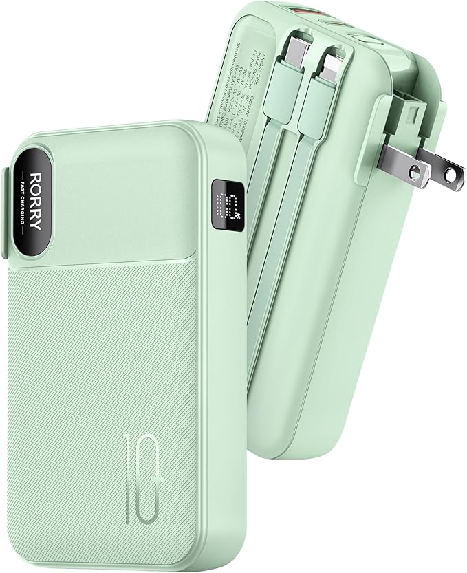 RORRY Portable Charger Built in Cables, AC Wall Plug In Portable Charger Power Bank 10000mAh Travel Battery Pack 22.5W Fast Charging for iPhone 16/15/14 Samsung Galaxy S24/S23/S22 Pixel LG iPad, Green