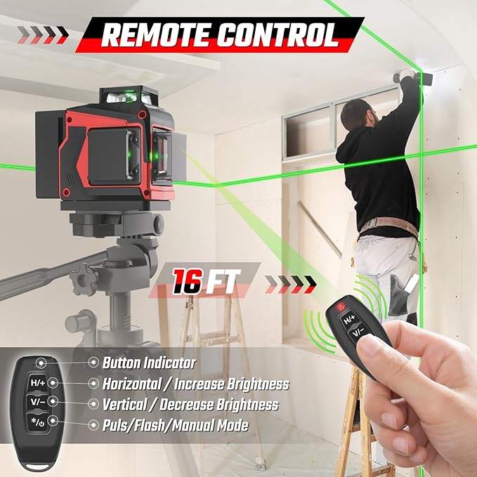 Laser Level with Tripod, 3x360° Green Line Laser Tool with Self-Leveling & Manuel Models, Remote/Touch Control, Rechargeable Battery for Picture Hanging, Tile, Home Renovation (Bag Included)