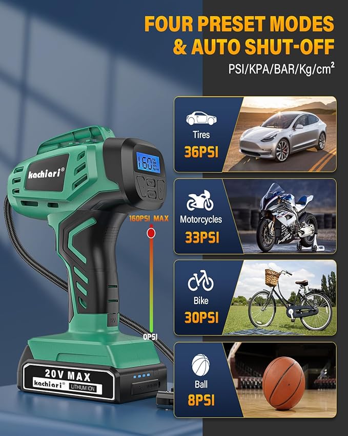 Tire Inflator Portable Air Compressor, 20V Cordless Car Tire Pump, Rechargeable Battery Powered Air Compressor w/12V DC Adapter Light Green